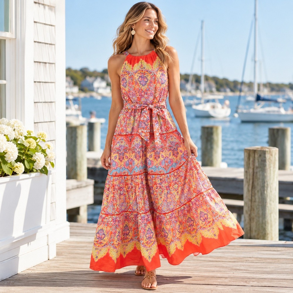 Talbots Tiered Halter Maxi Dress Sz 8 Orange Medallion Paisley Sleeveless Coast